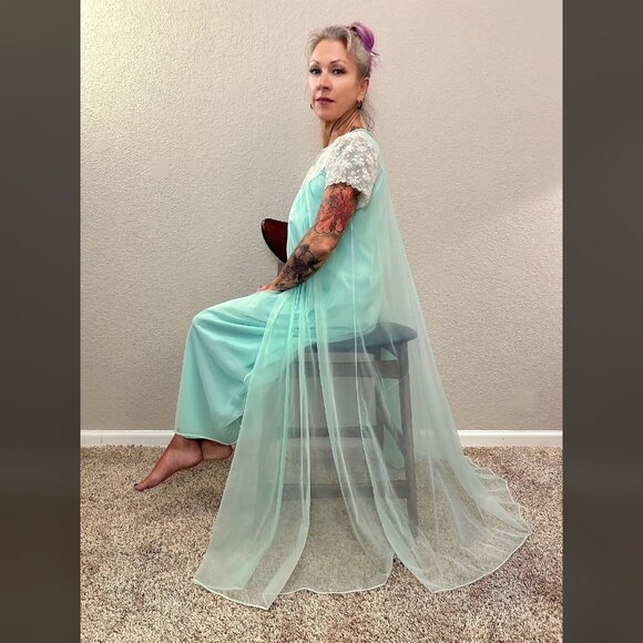 50s Vintage Lingerie Set Blue & Pink Gown Robe Rockabilly Pinup Boudoir MCM S M - Picture 8 of 14